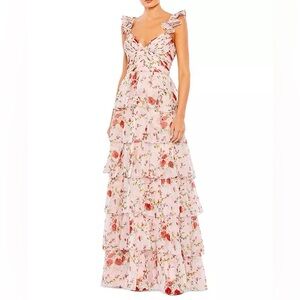 Mac Duggal Pink Floral Ruffled Gown Tiered Maxi Dress
